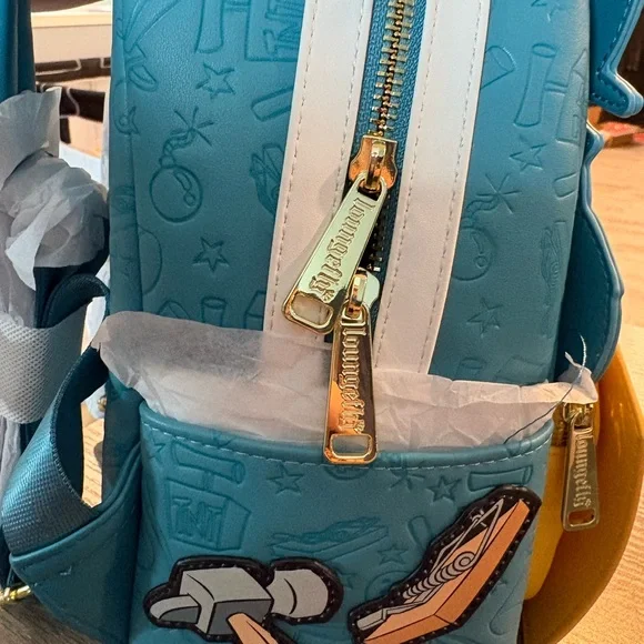 Loungefly Tom & Jerry Blue Gray Pink Faux Fur Backpack with Yellow Cheese Pocket - Picture 5 of 6